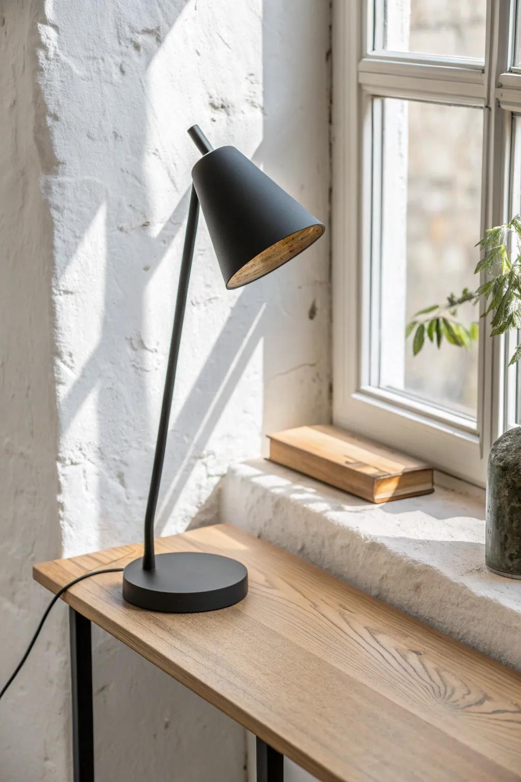 Matte-black accents like this minimal lamp sharpen an all-light apartment without adding clutter.