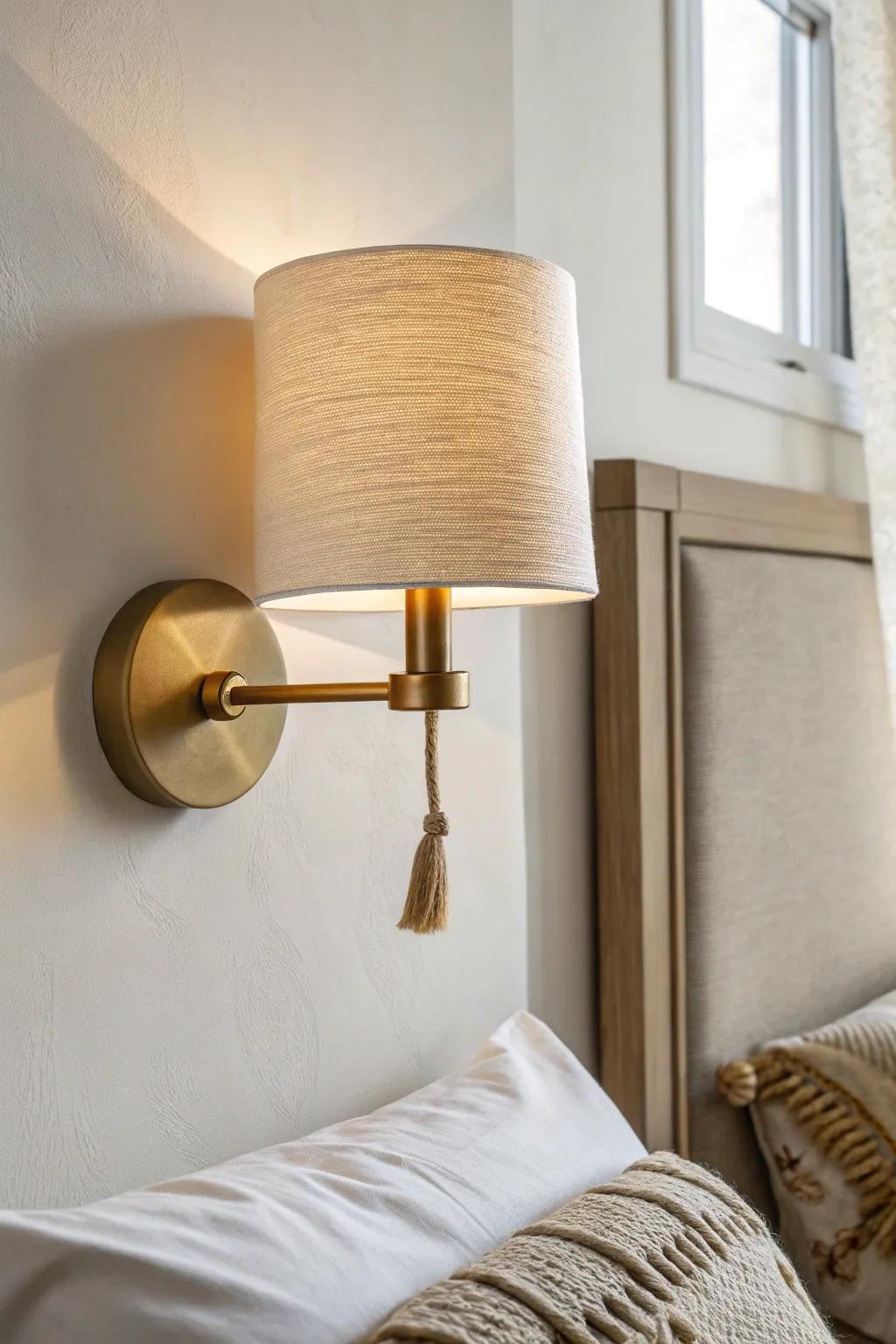 A wall sconce creates layered, cozy light—minimal clutter, maximum warmth for small rooms.