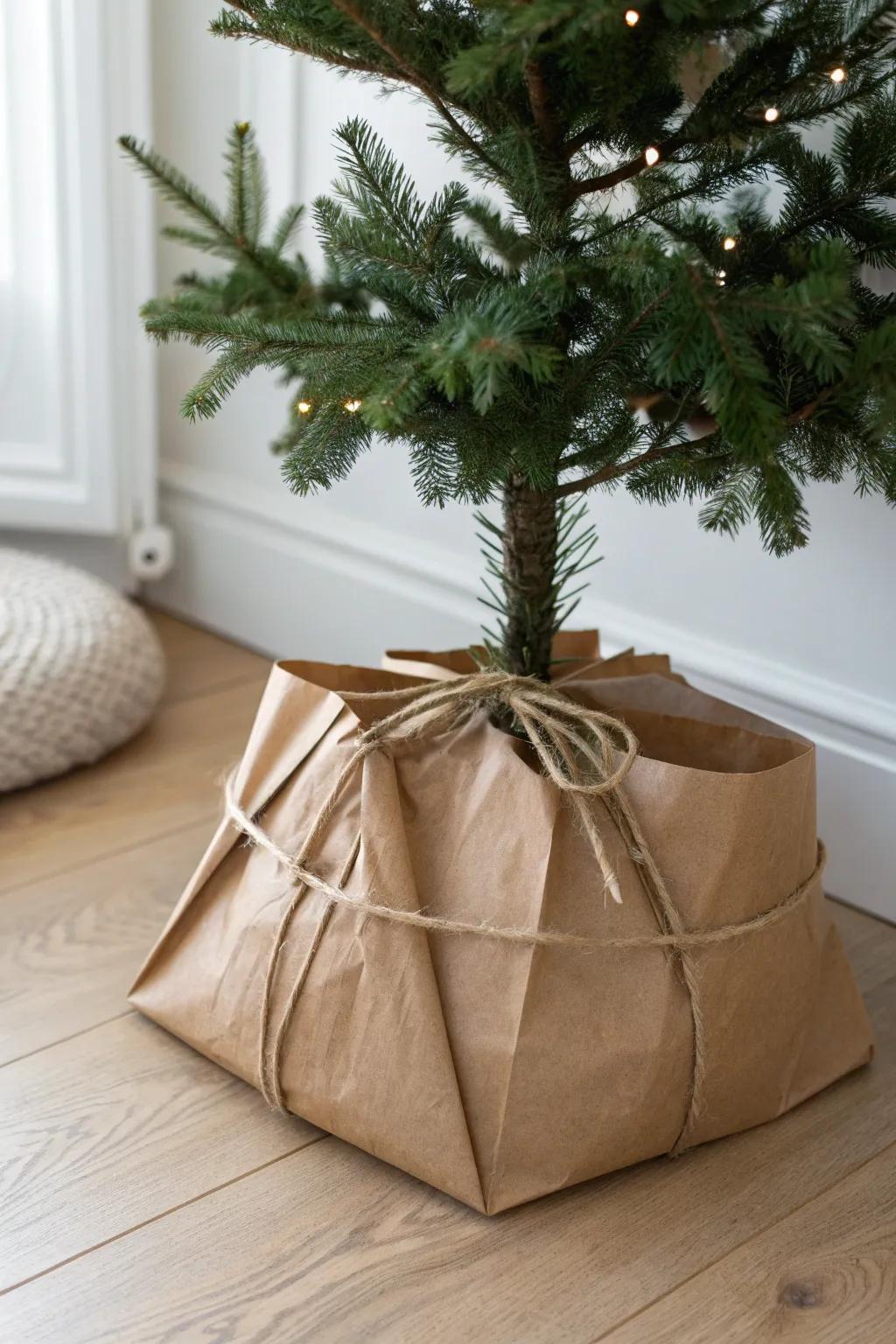 Kraft paper + twine turns a Christmas tree base into a clean, cozy minimalist moment.