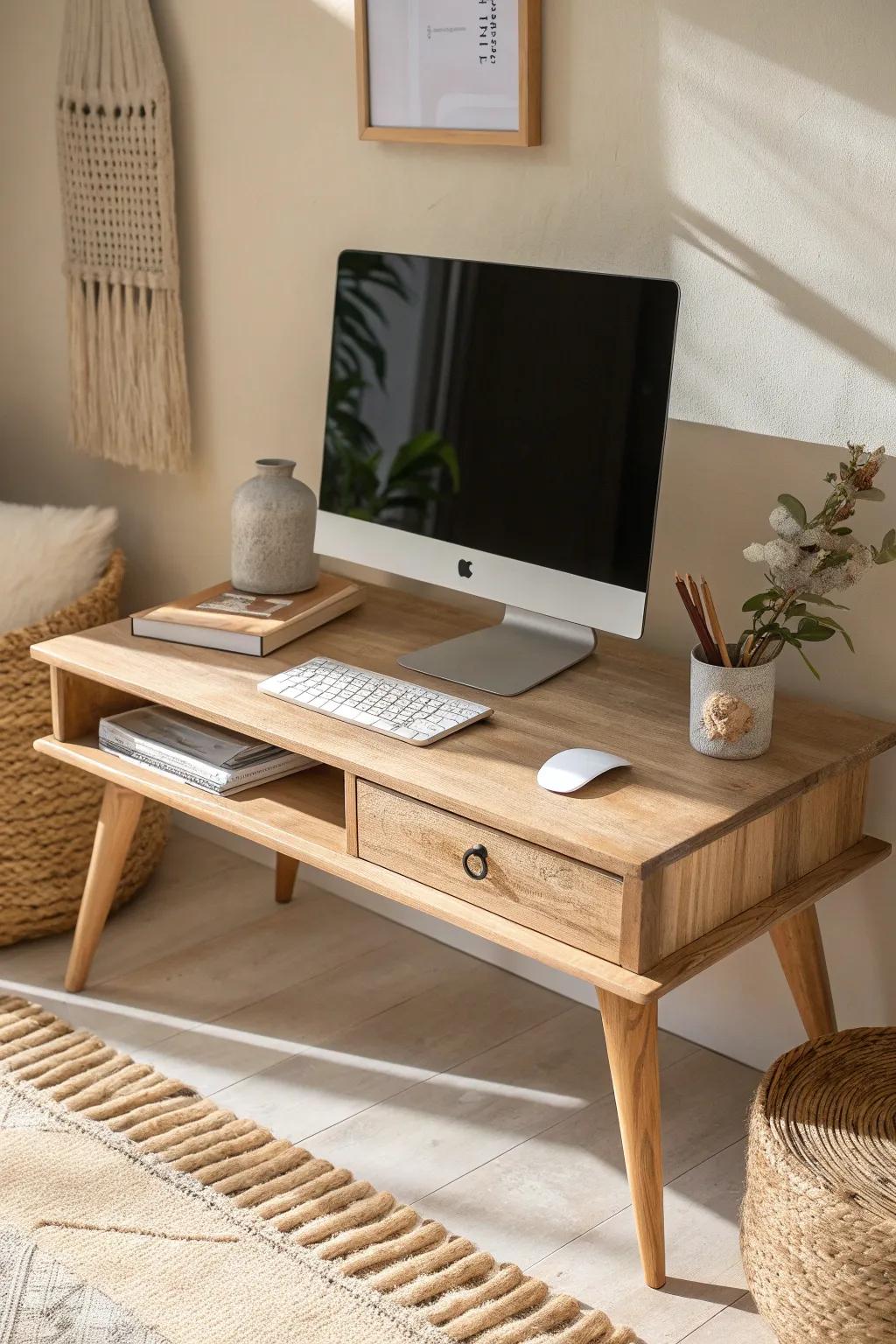 A light oak monitor riser keeps your desk airy while hiding notebooks and a keyboard below.
