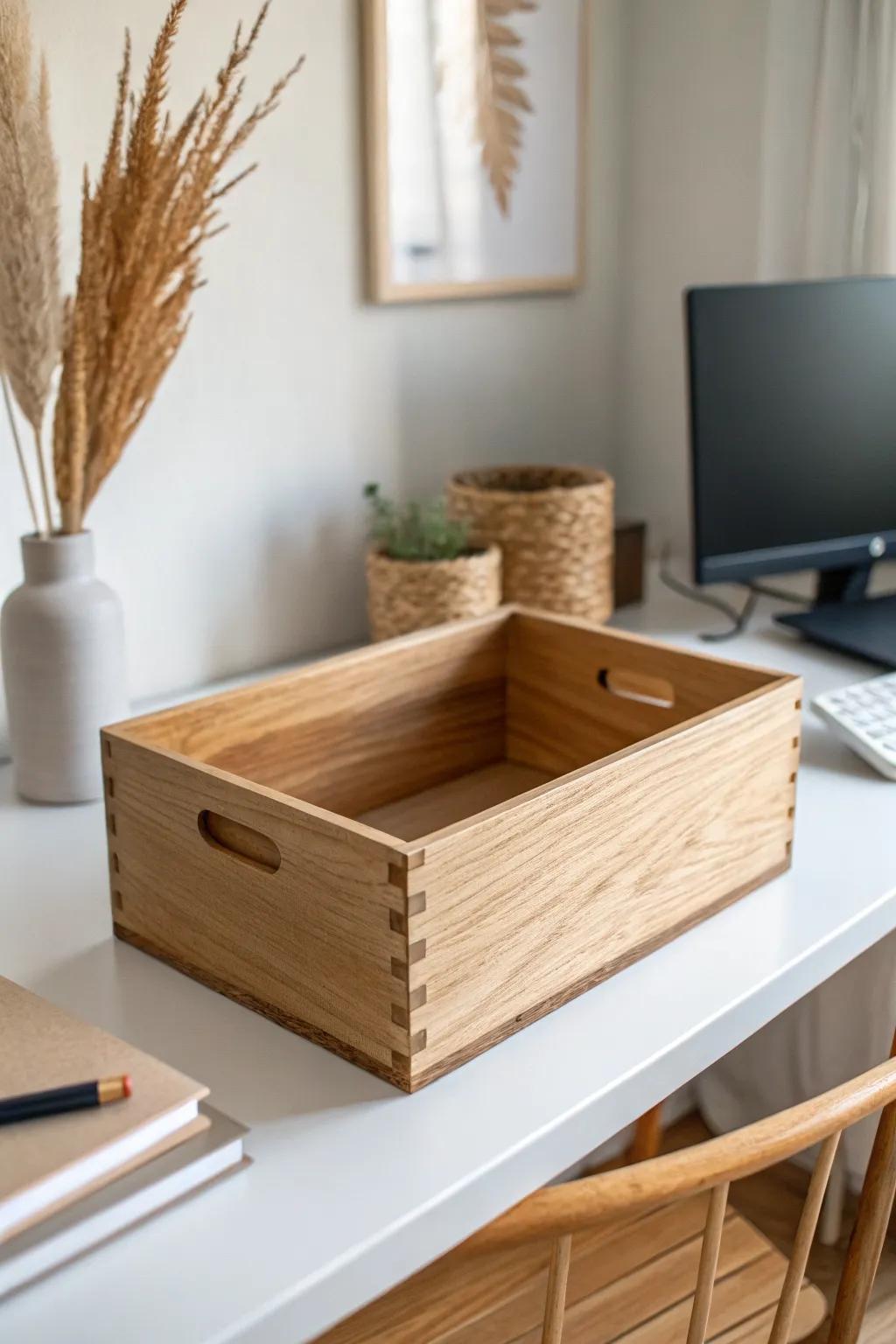 Almost-empty dorm desk: one small storage box keeps essentials tucked away so you can focus.