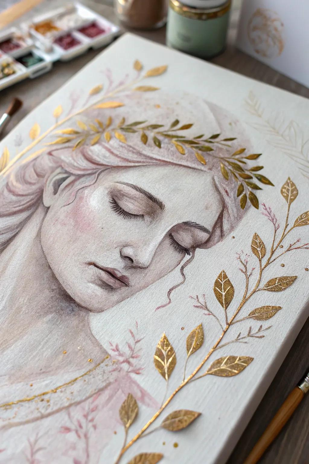 Discover the serene beauty of artistic expressions with this mixed media portrait masterpiece.