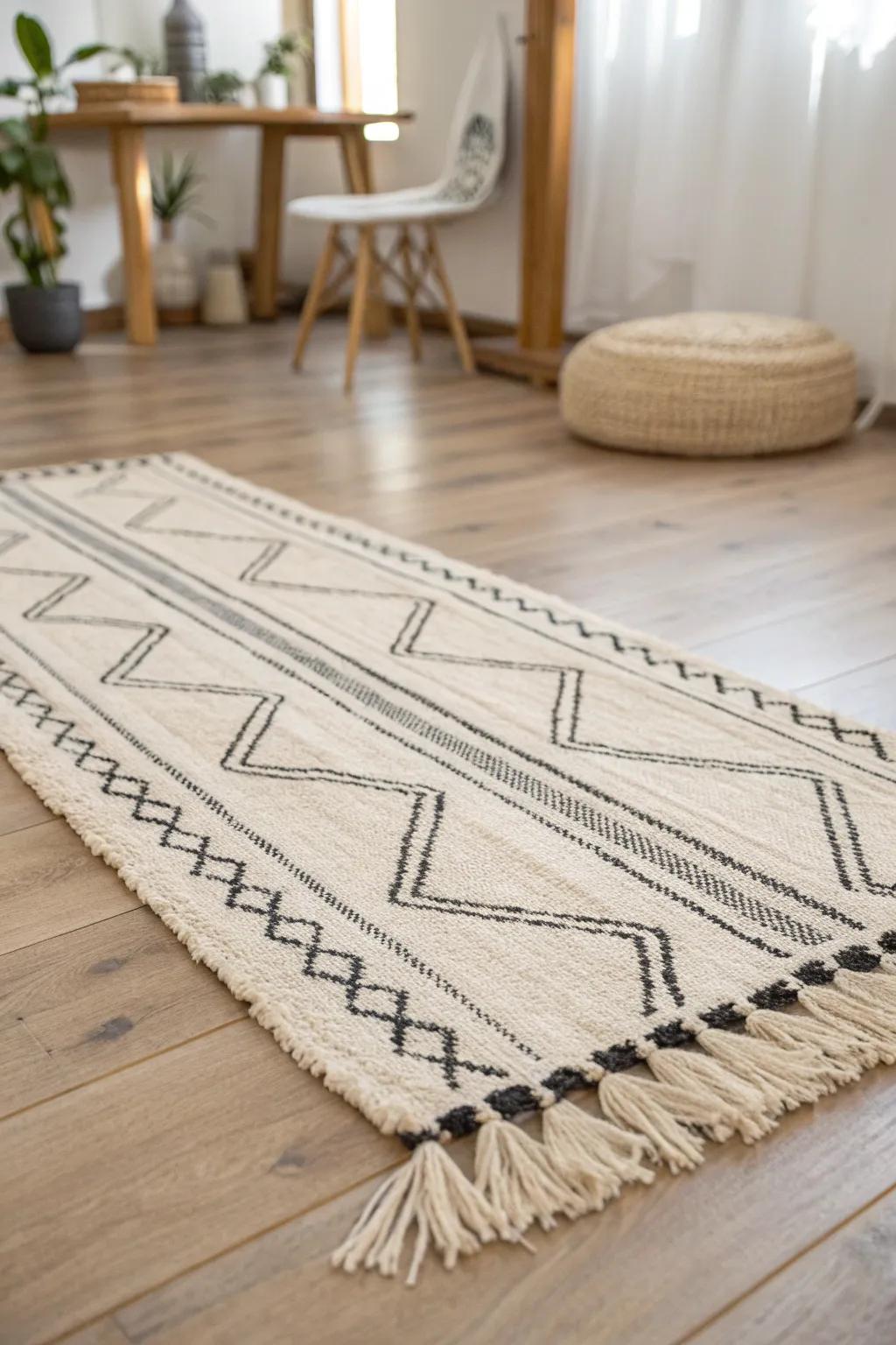 A single woven area rug instantly zones a mobile home’s open layout—warm, simple, chic.