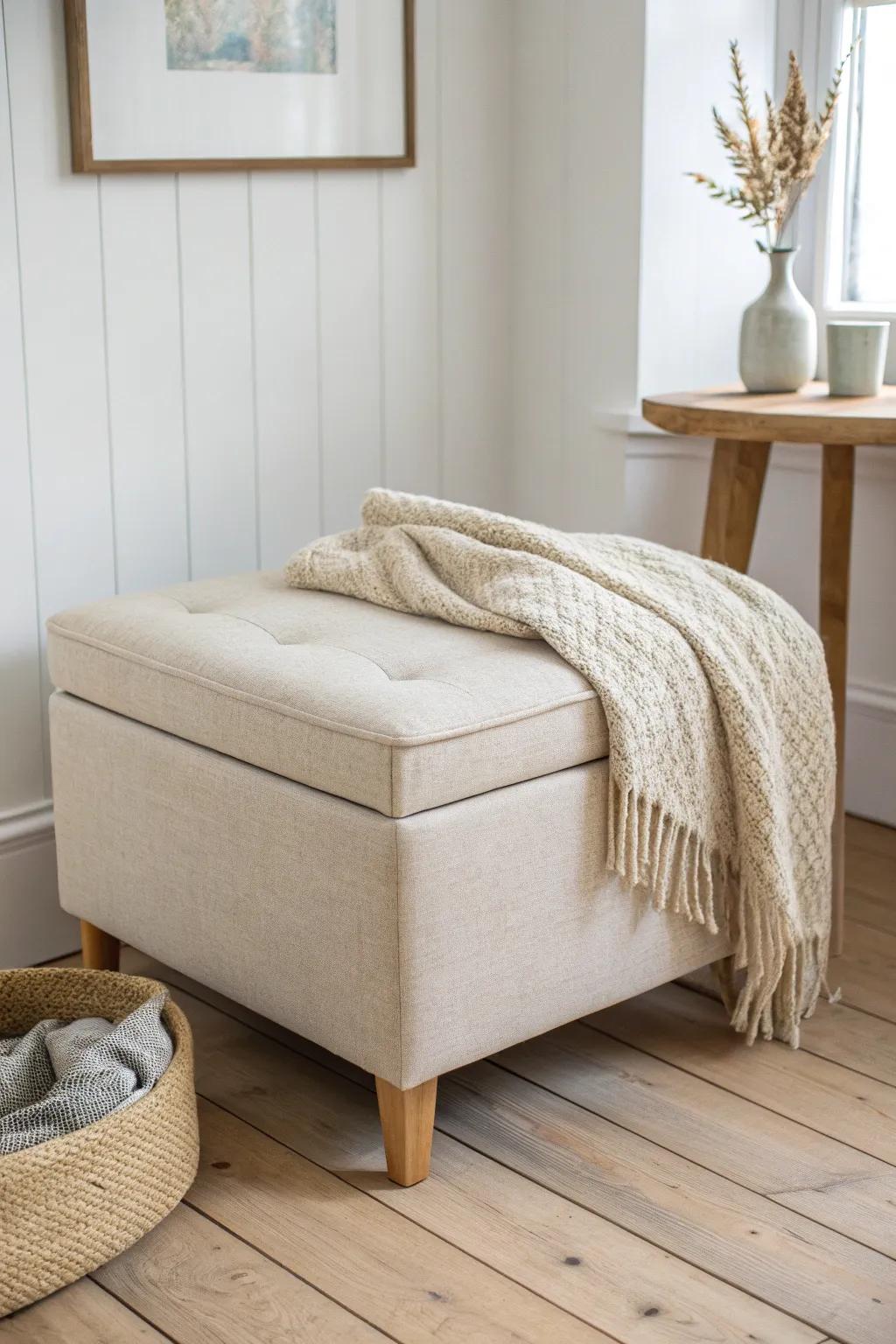 A chic storage ottoman keeps blankets and games hidden—perfect for tidy mobile home living.