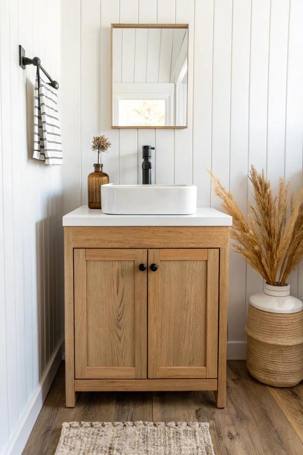 Cozy modern farmhouse vibe: paneled walls, oak vanity and wood-look floors for a small master bath.
