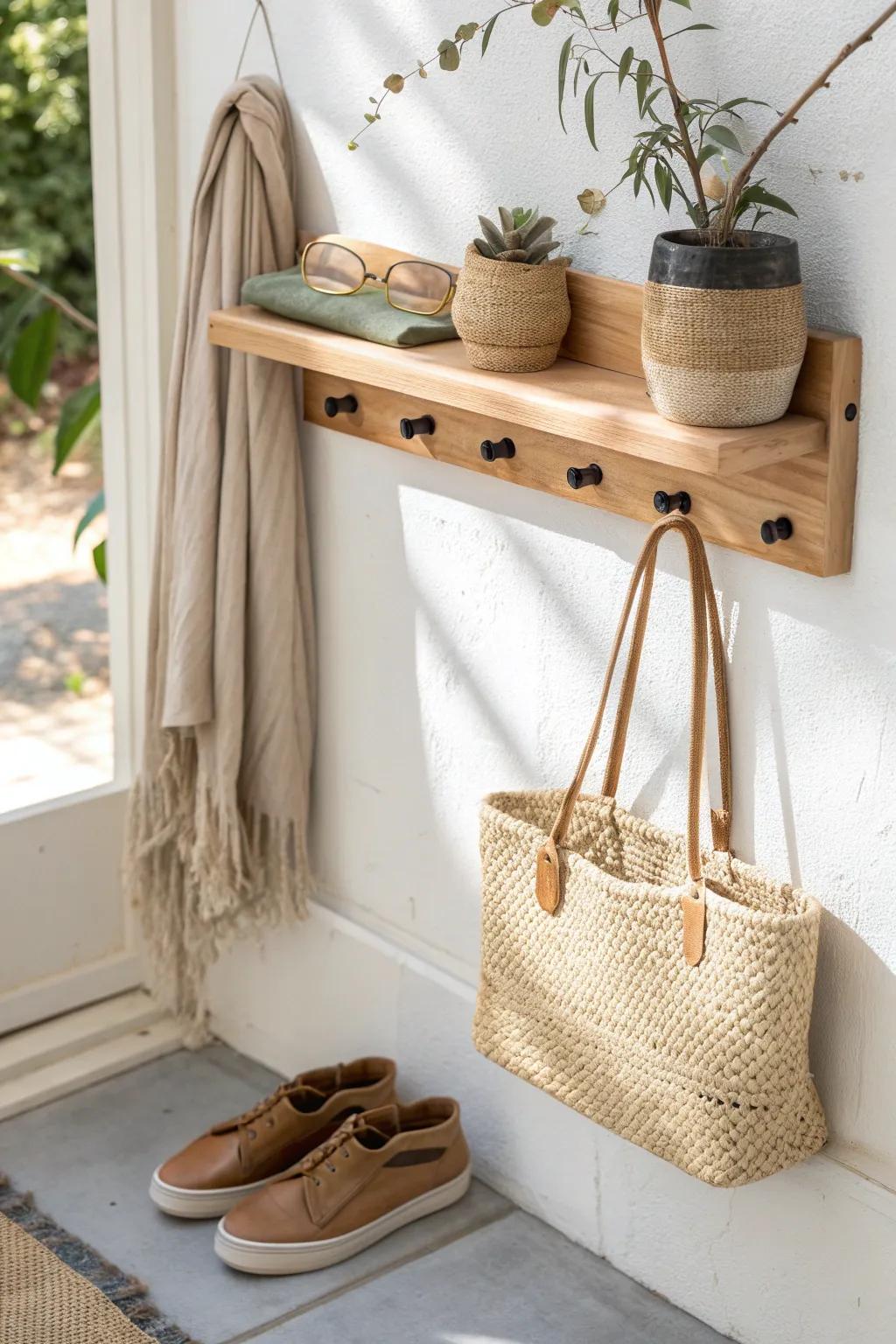 A tiny entry drop zone: oak peg rail + slim shoe tray keeps mobile-home clutter away.
