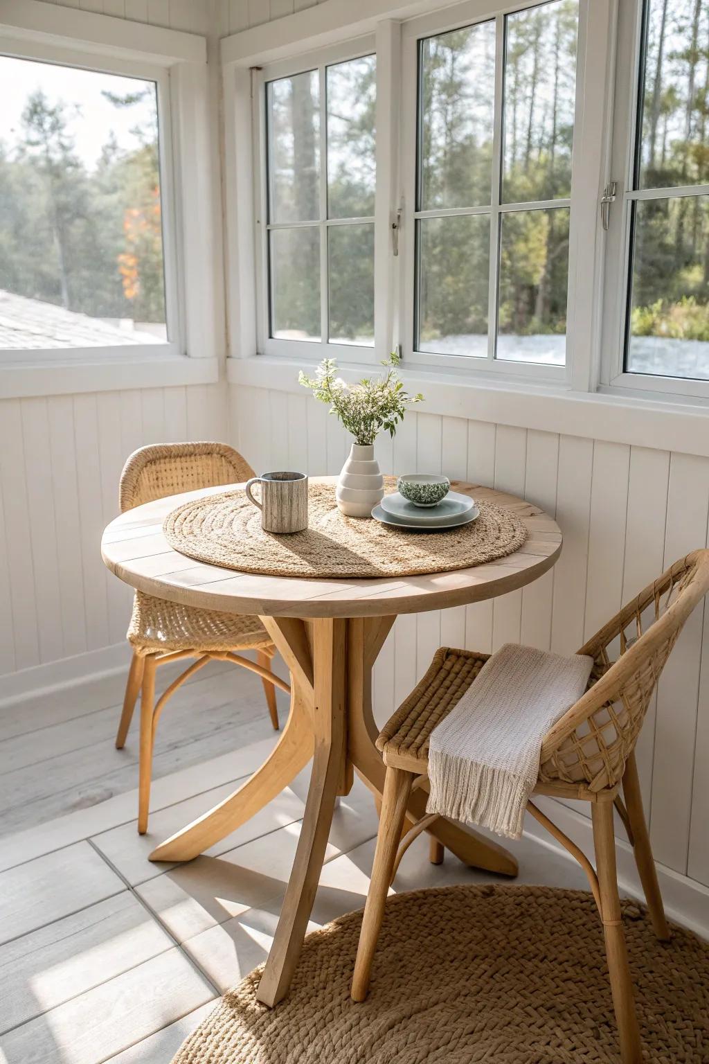 Sunny breakfast nook: a petite round table that tucks away easily, glowing in a mobile home sunroom.