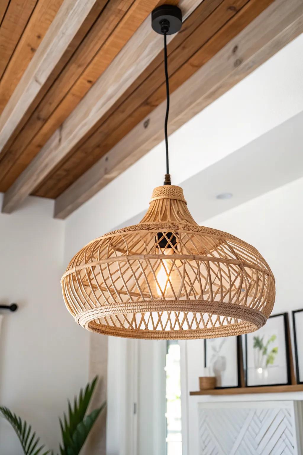 One sculptural pendant transforms a small living room—minimal, warm, and eye-catching.