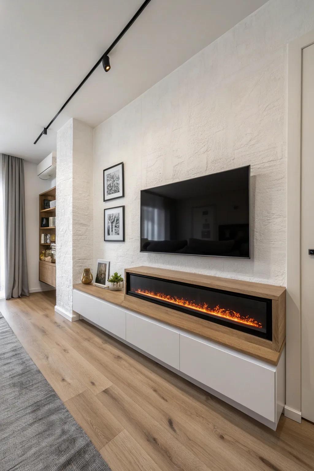 A low, long electric fireplace under the TV keeps a narrow wall balanced and beautifully calm.