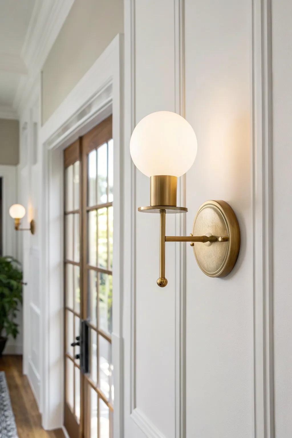 Warm brushed brass lighting softens a modern hallway—cozy glow, clean lines, small-space charm.