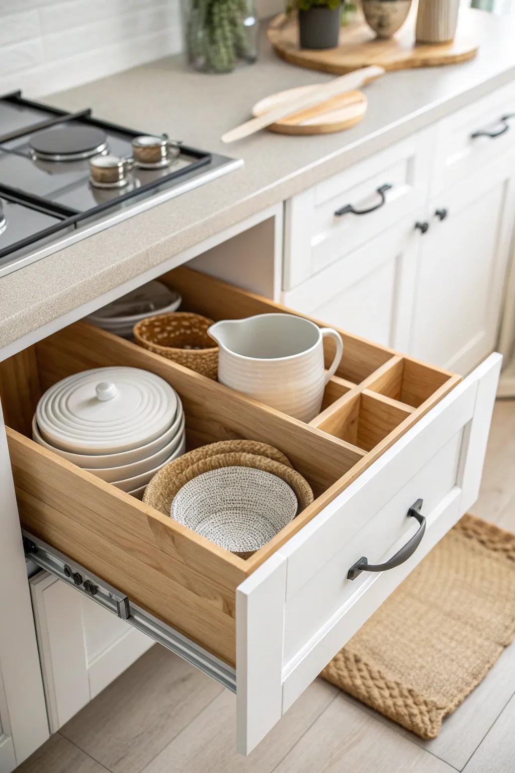 Deep modular drawers keep cookware easy to grab—no more digging behind stacked pots.
