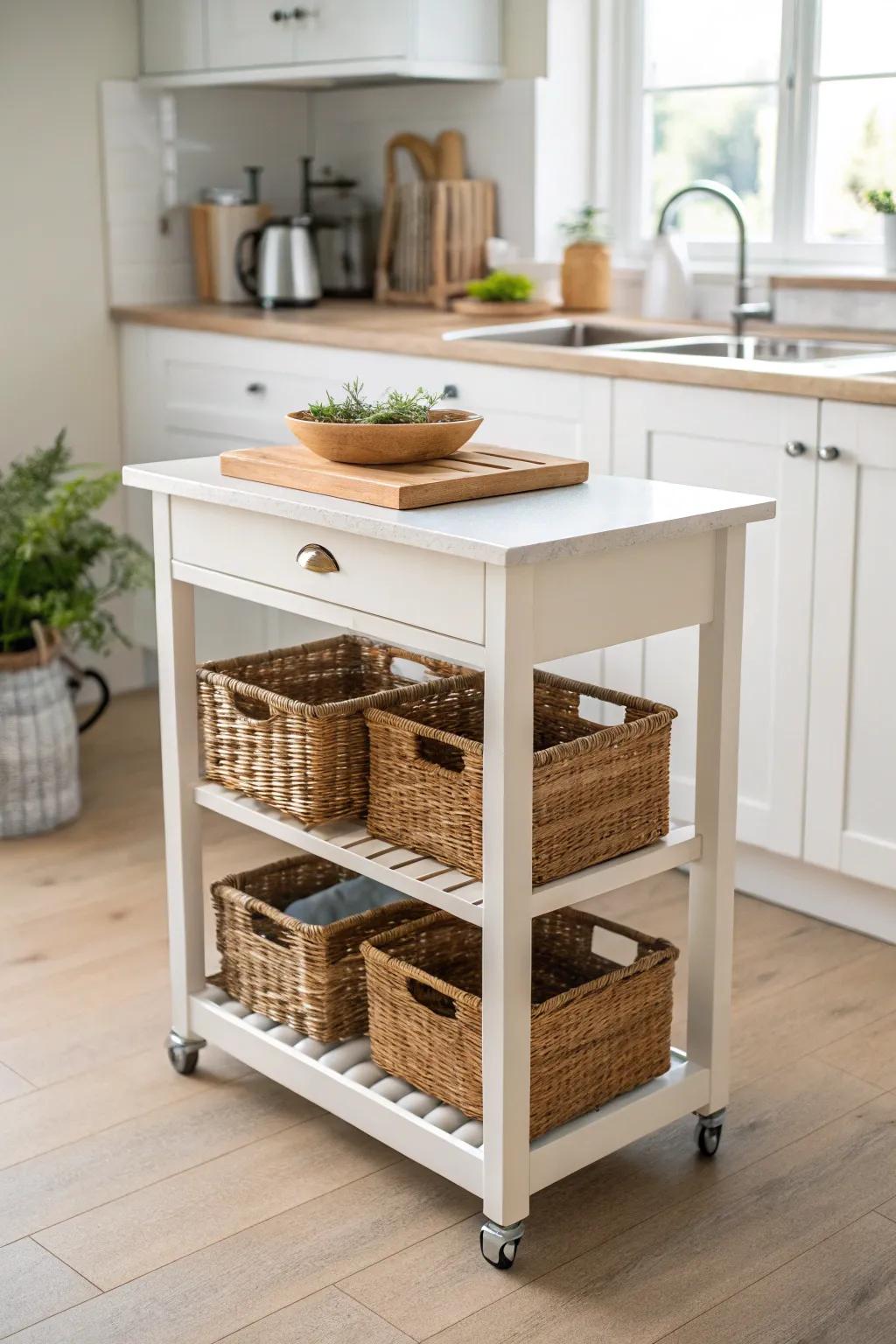 Open-shelf rolling island with woven baskets—instant small-kitchen storage that still looks serene.