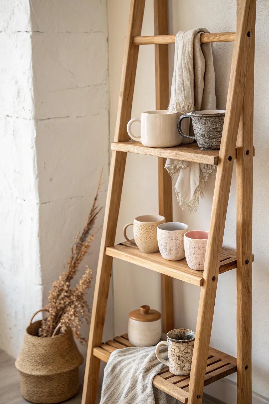 A slim A-frame ladder shelf turns mugs into vertical decor—minimal, warm, and space-smart.