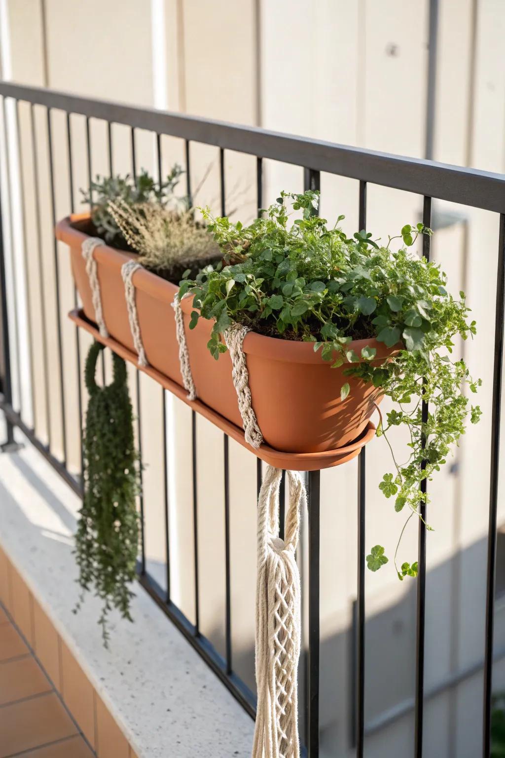 Railing pots add instant greenery to a narrow balcony—lush views without losing walkway space.