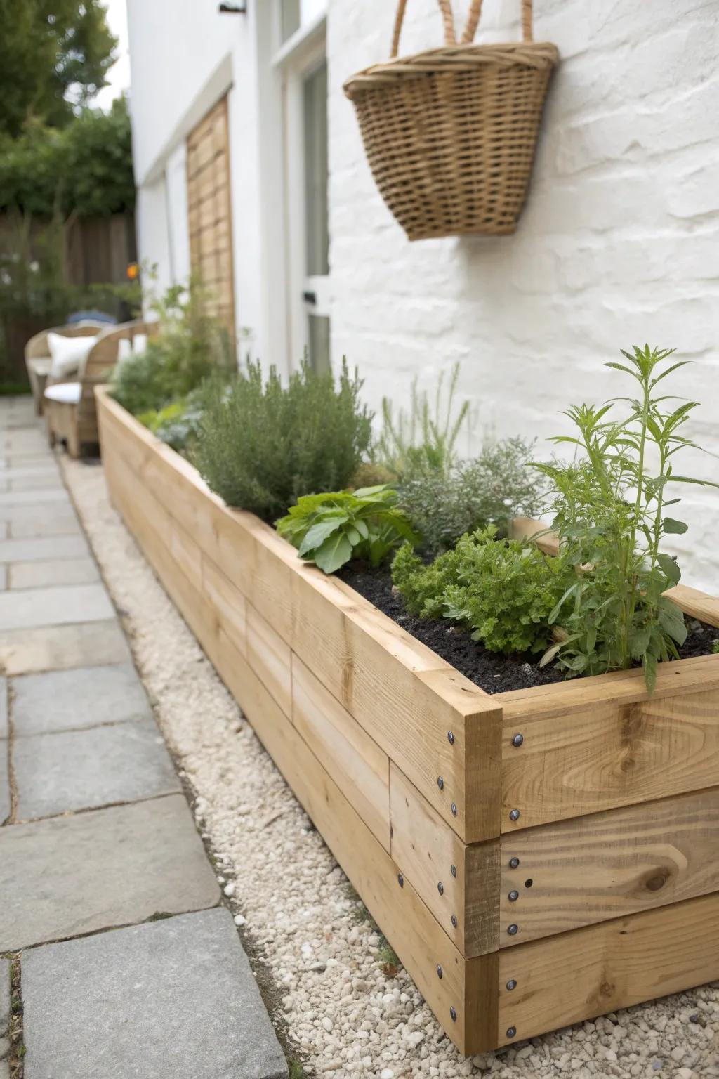 A slim raised bed frames the edge of a narrow garden and keeps plants neatly out of the path.