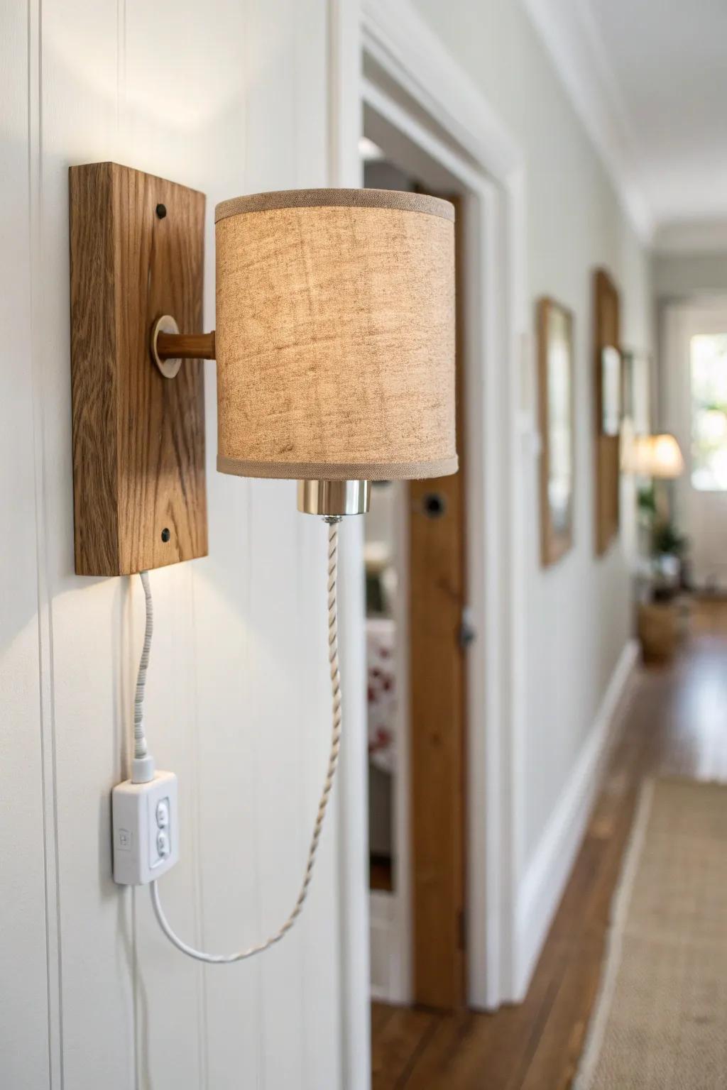 Rent-friendly plug-in sconce that adds warm layered light to a narrow hallway—no wiring needed.