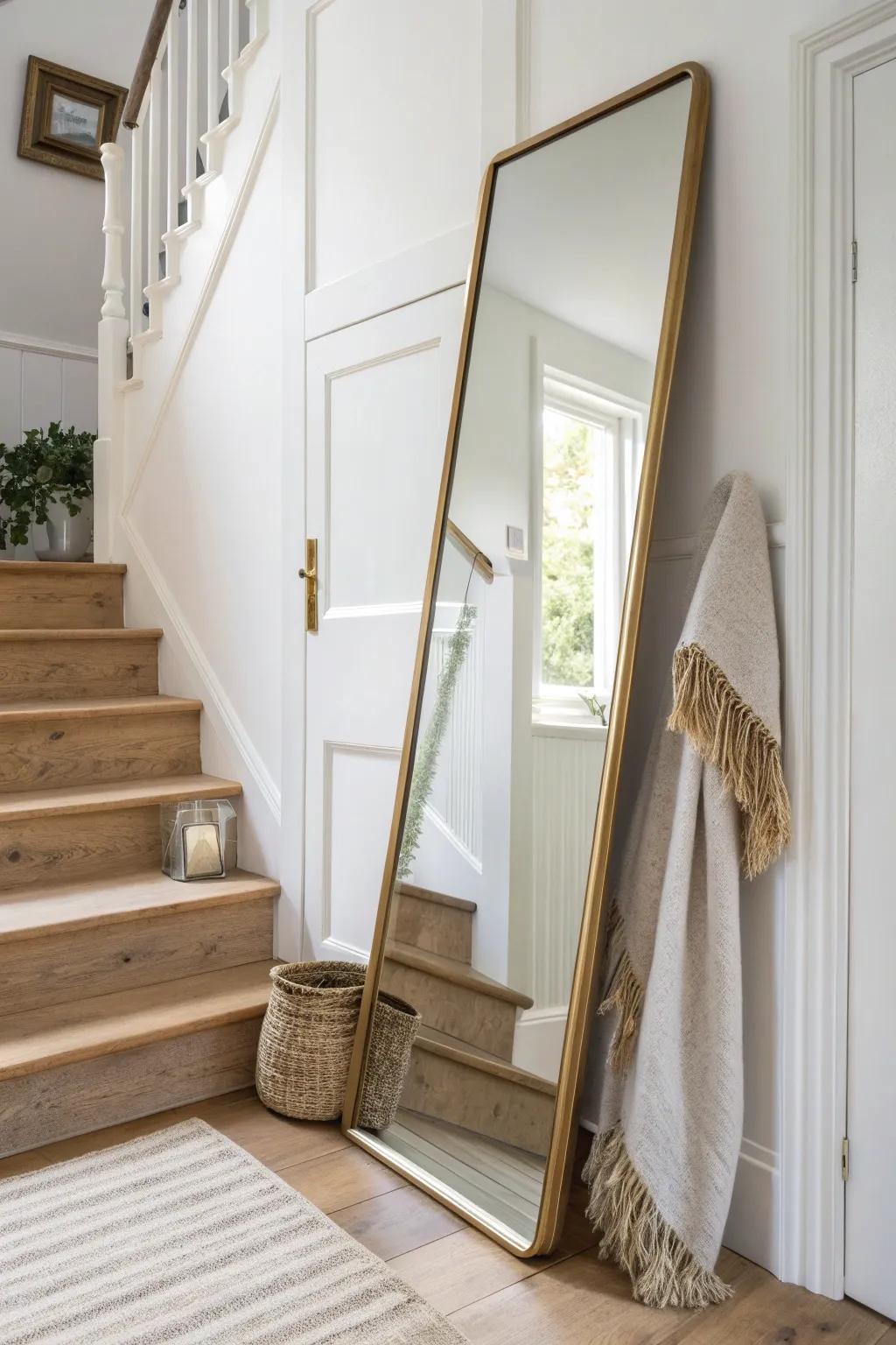 A tall wall mirror catches daylight and makes a narrow stairwell feel instantly wider.