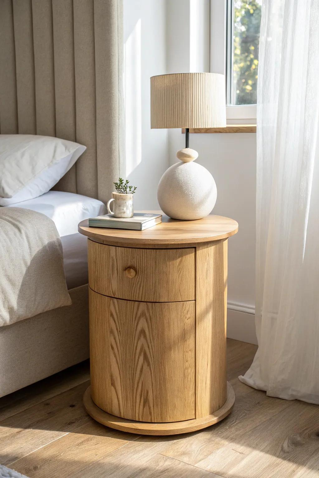 A slim round pedestal nightstand saves space—and your hips—while keeping the look airy.