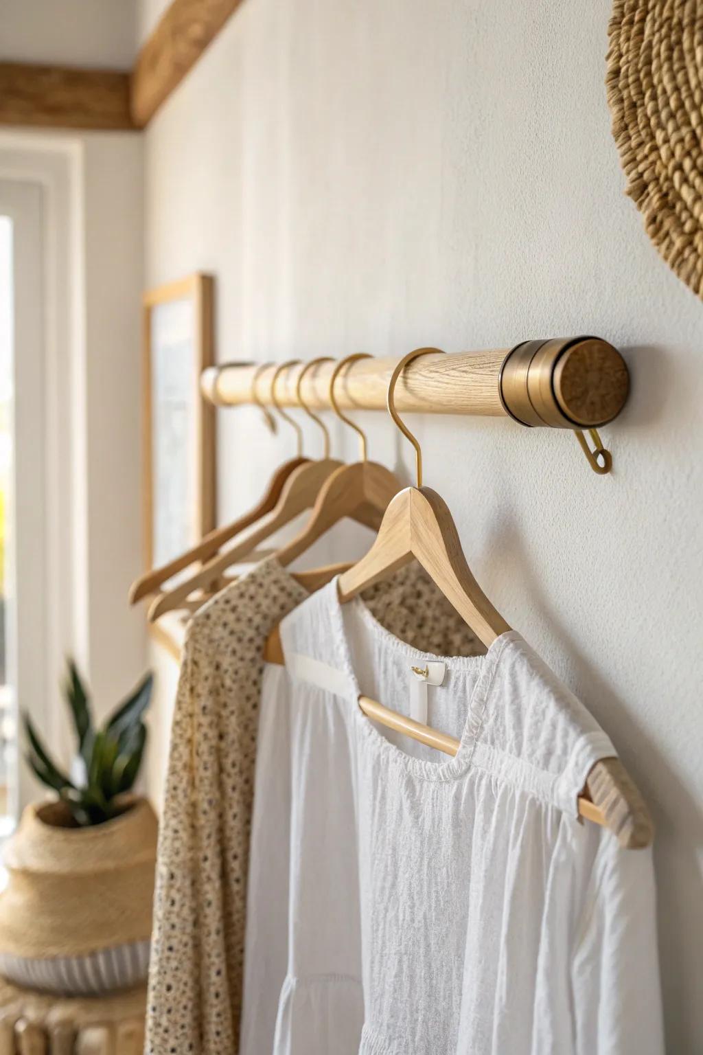 A simple wall-mounted rod adds hanging space without crowding a closet-free bedroom.
