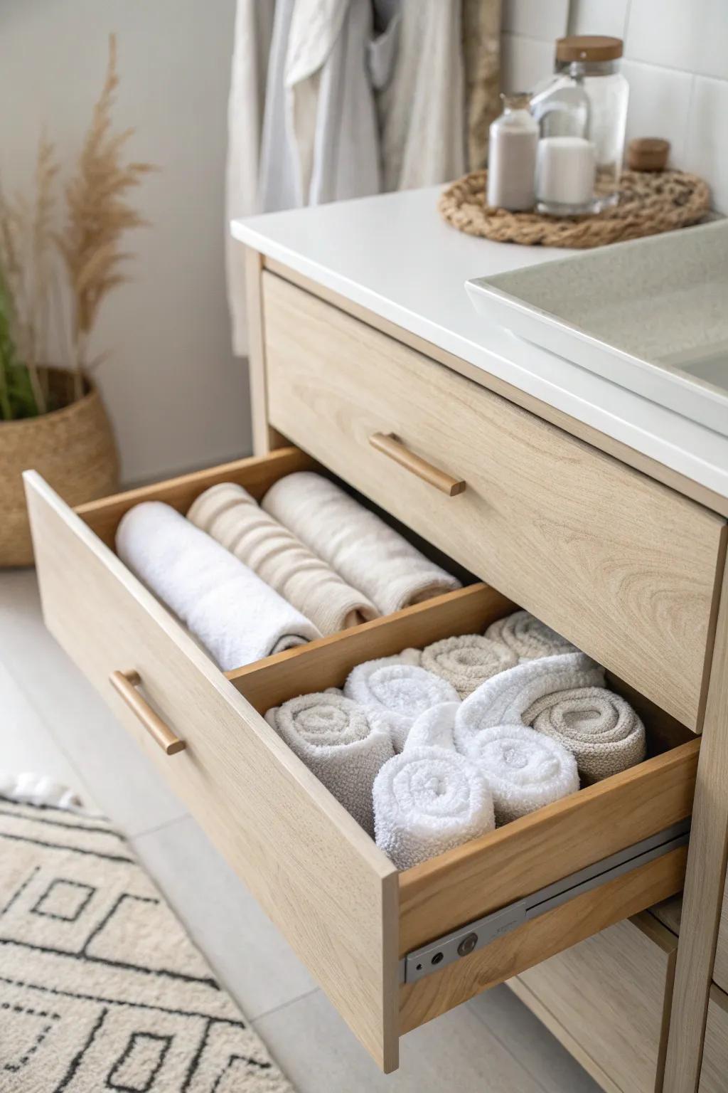 Turn two deep drawers into a linen closet—roll towels upright with simple dividers.