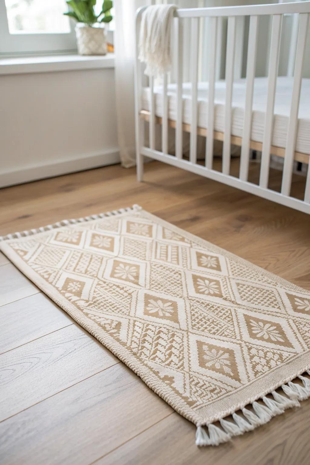 A cozy nursery rug instantly defines a baby zone—soft texture, calm tones, small-space magic.