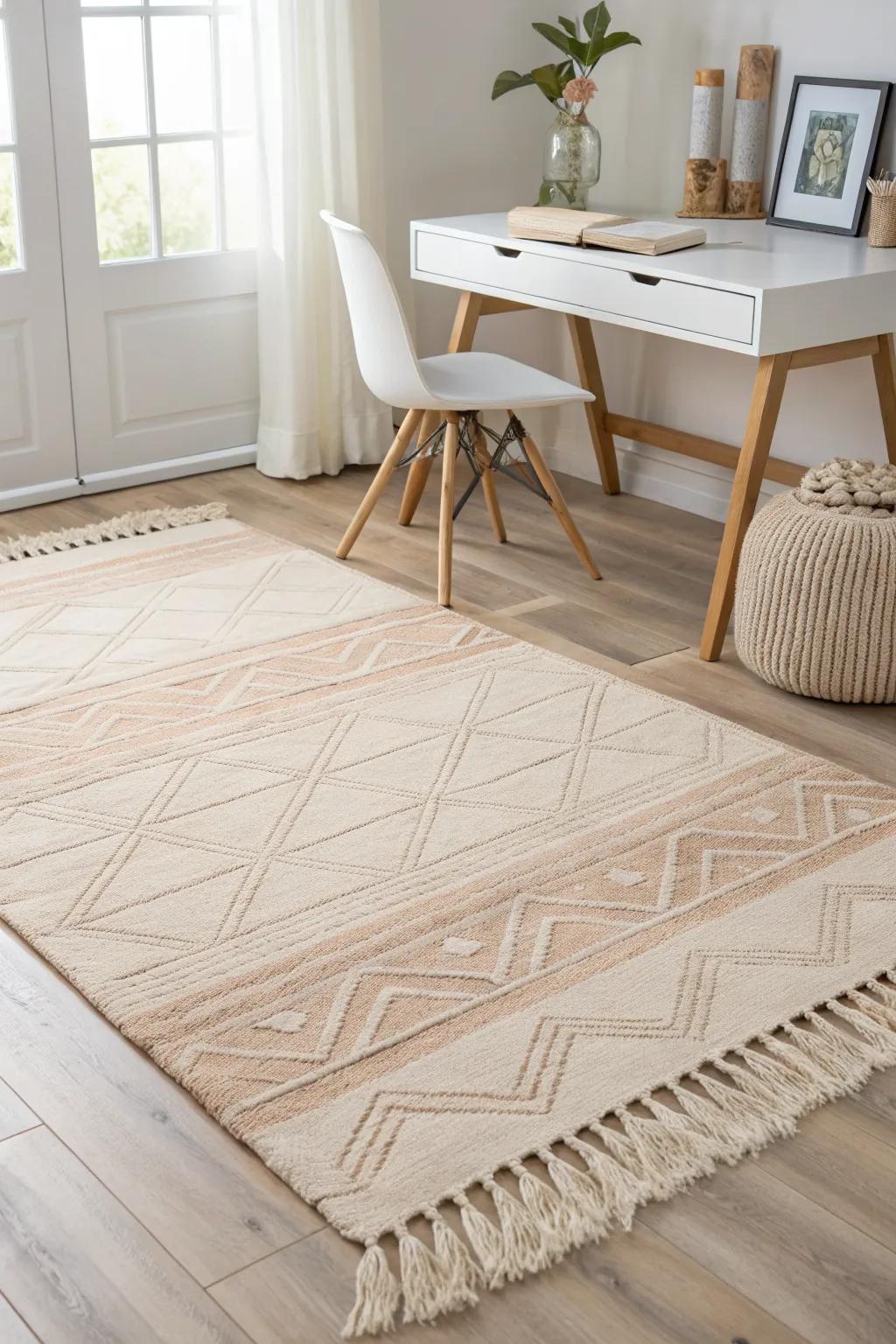 One oversized rug unites nursery + office zones—instantly calmer, bigger-feeling small space.
