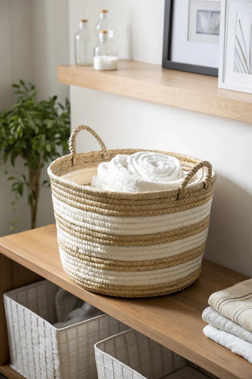 Matching woven baskets on open shelves keep nursery essentials tidy—and the room serene.
