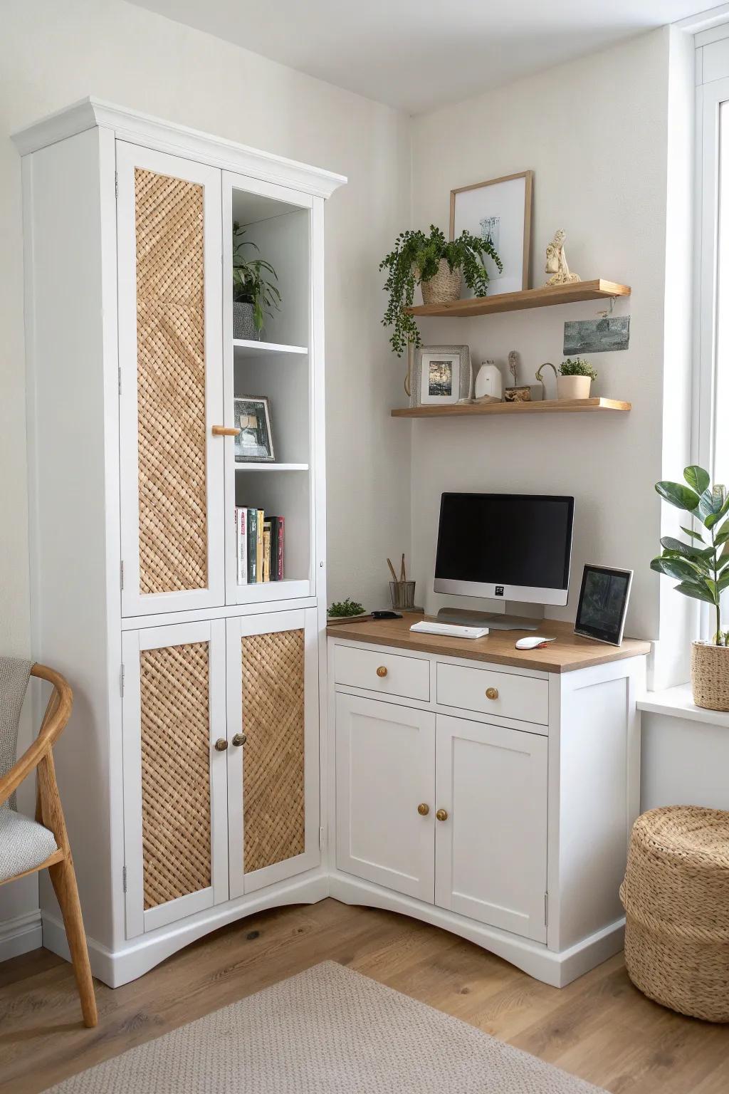 L‑shaped corner office cabinet run: wrap storage around the corner for a bigger desk in small rooms.