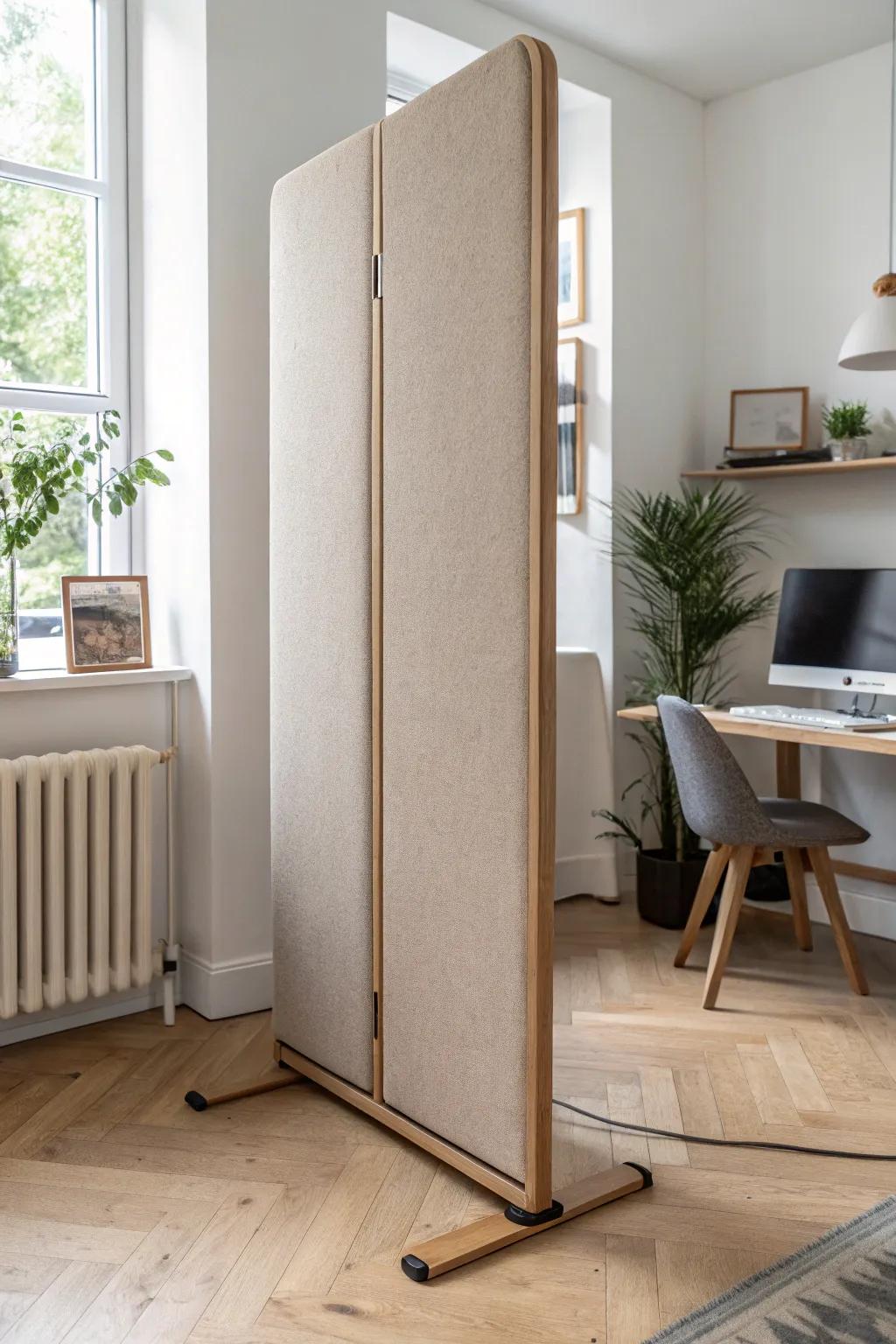 Quiet calls in a small home office—freestanding acoustic panels add calm, style, and privacy.