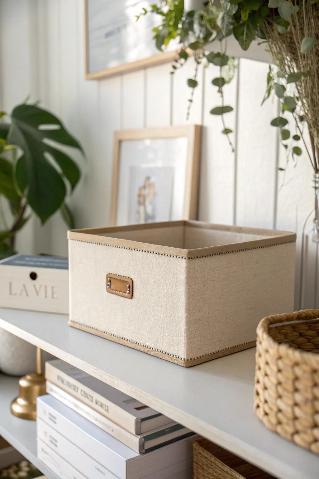 Turn shelves into calm decor: one chic file box keeps paperwork tidy and beautiful.