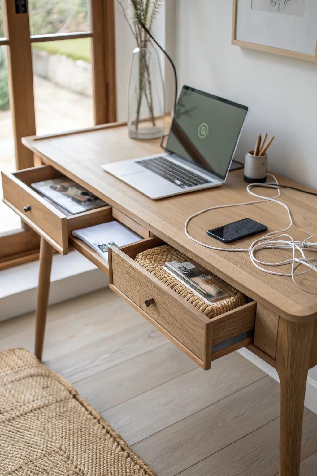 A cable-hiding desk with a charging drawer keeps your small-space office calm and clutter-free.