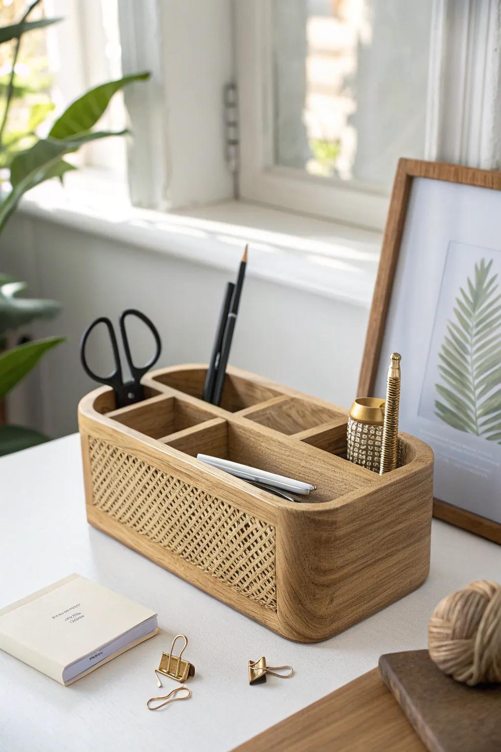 A tiny desktop caddy keeps daily essentials tidy—minimal, warm, and beautifully calm.