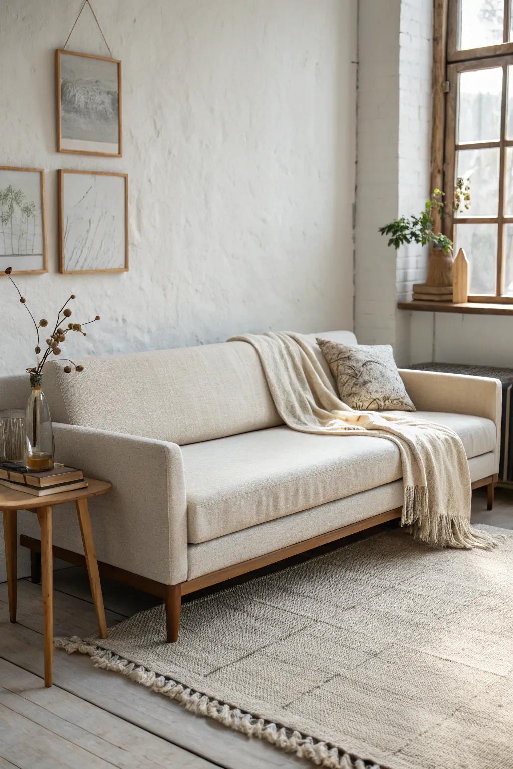 A slim, clean-lined sofa bed keeps your small office airy, polished, and never cramped.