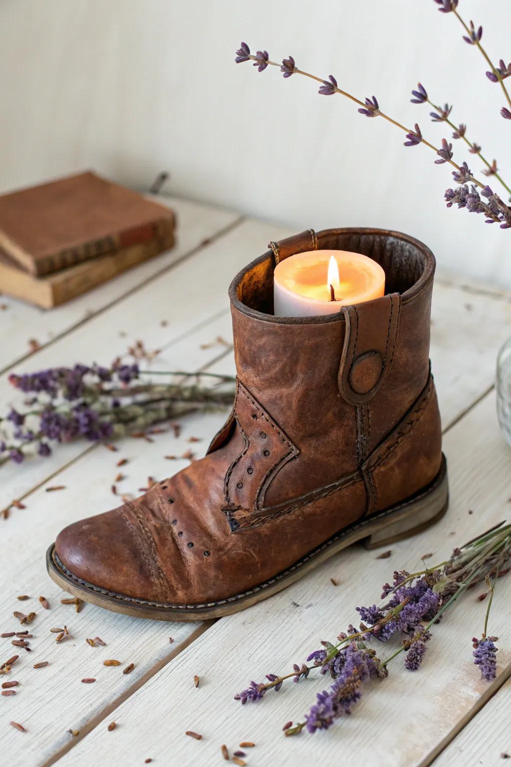 Transform rustic into radiant: Old boots find new life as charming candle holders.