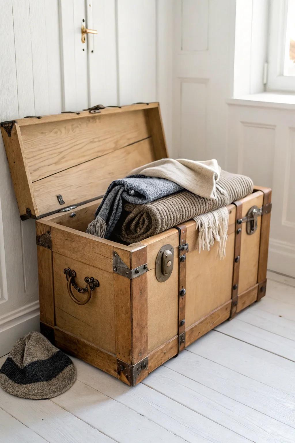 A vintage entryway trunk that hides the clutter—beautiful storage for small-space living.