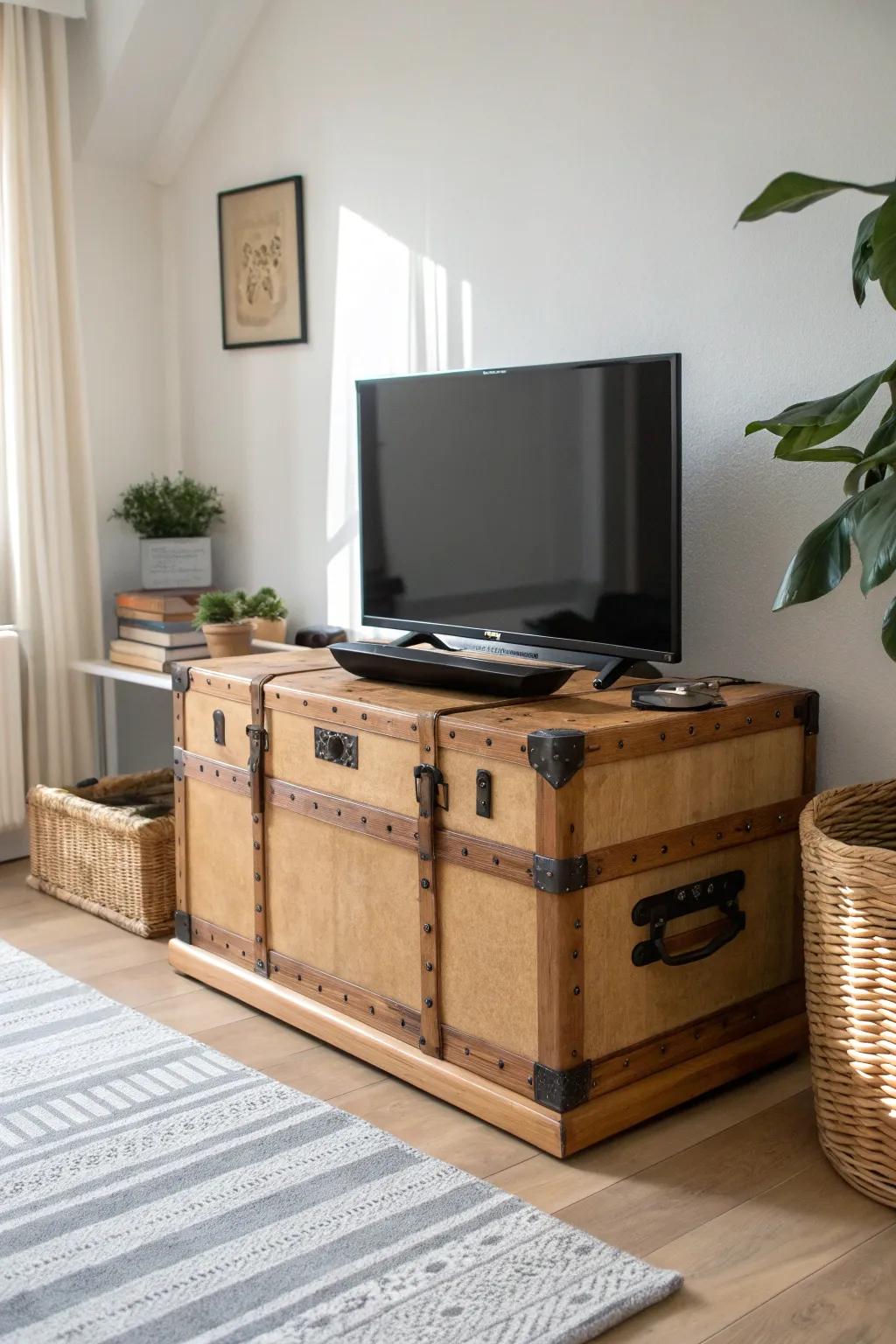 A vintage trunk TV stand that hides cords and stores media gear—perfect for small spaces.