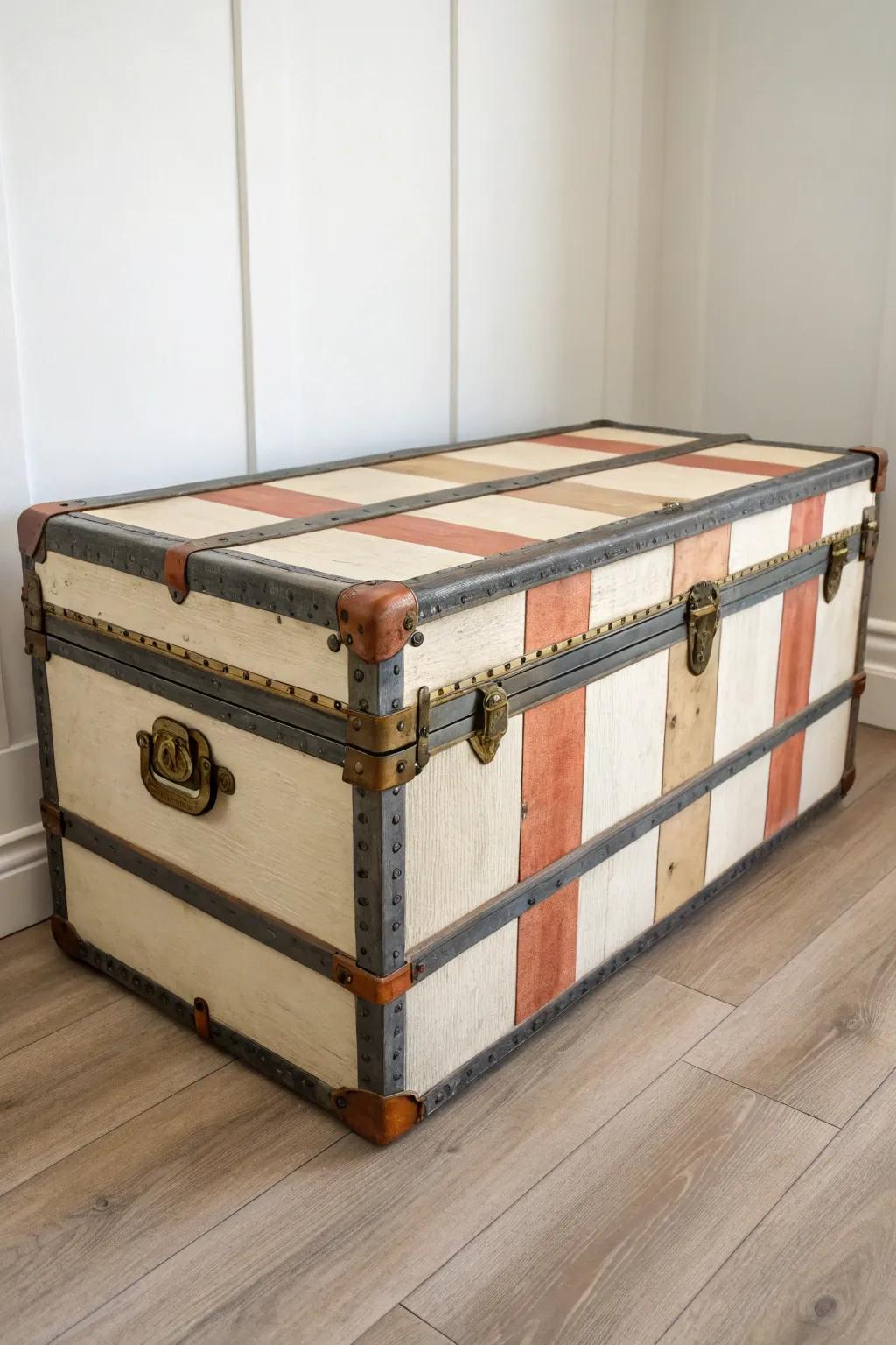 Classic horizontal stripes give an old trunk a wider, designer look—perfect for small spaces.
