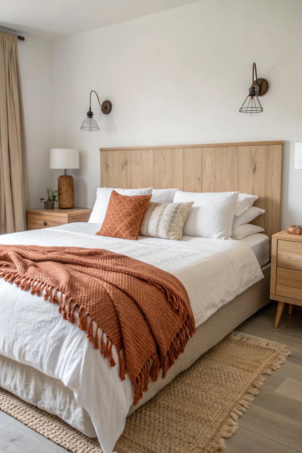 Style your bed like its own mini room: layered linens, a cozy throw, and matching lamps.