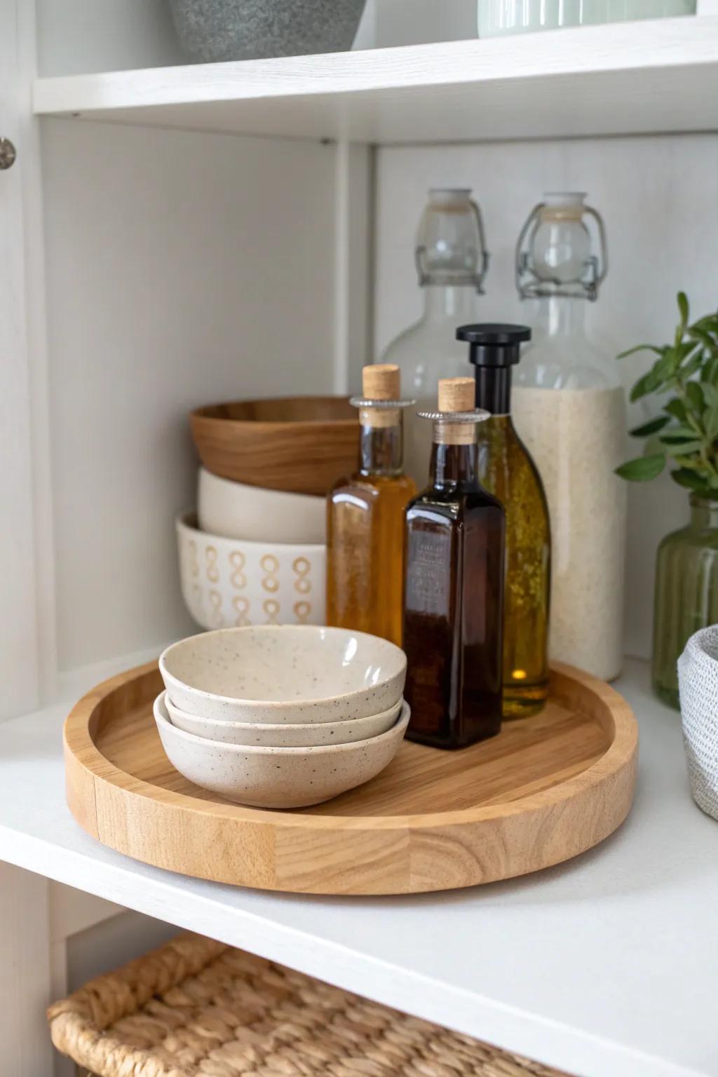 Keep oils and condiments in reach with a chic turntable—no more lost bottles on open shelves.