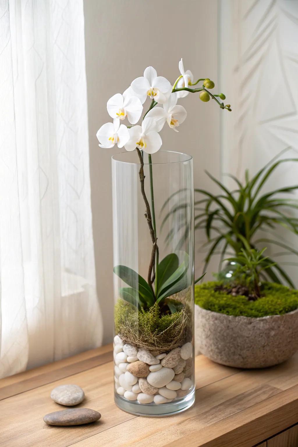 A clean, modern orchid terrarium: glass cylinder, pebbles, moss—easy to lift out to water.