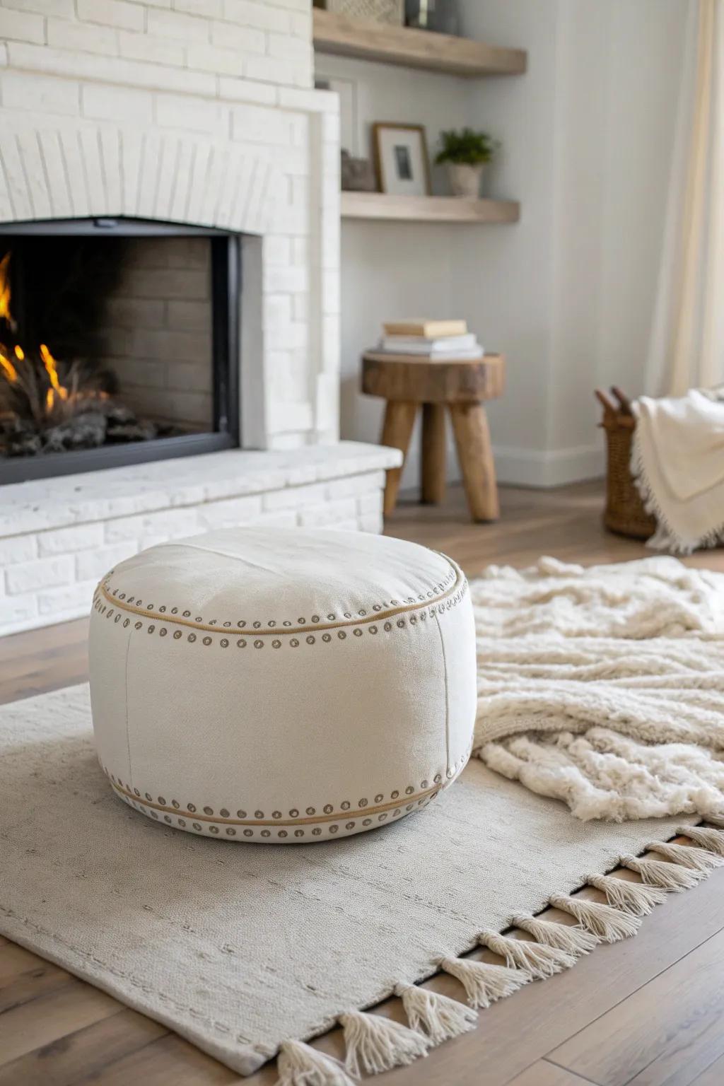 A cozy fireplace anchor: one sculptural ottoman that pulls the whole seating area together.