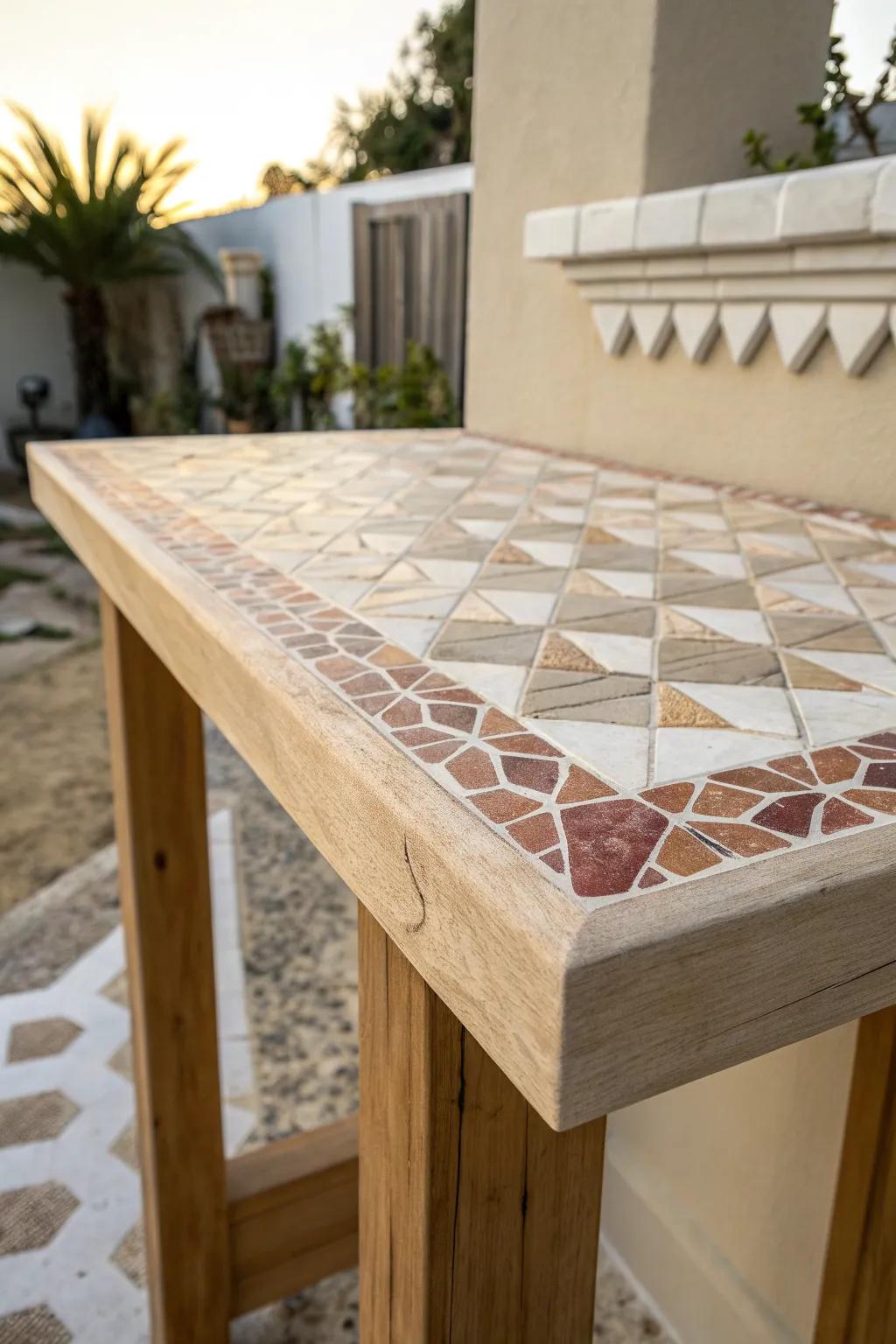 Handcrafted mosaic tile bartop that adds personality to a small patio—bold, bright, and clutter-free.