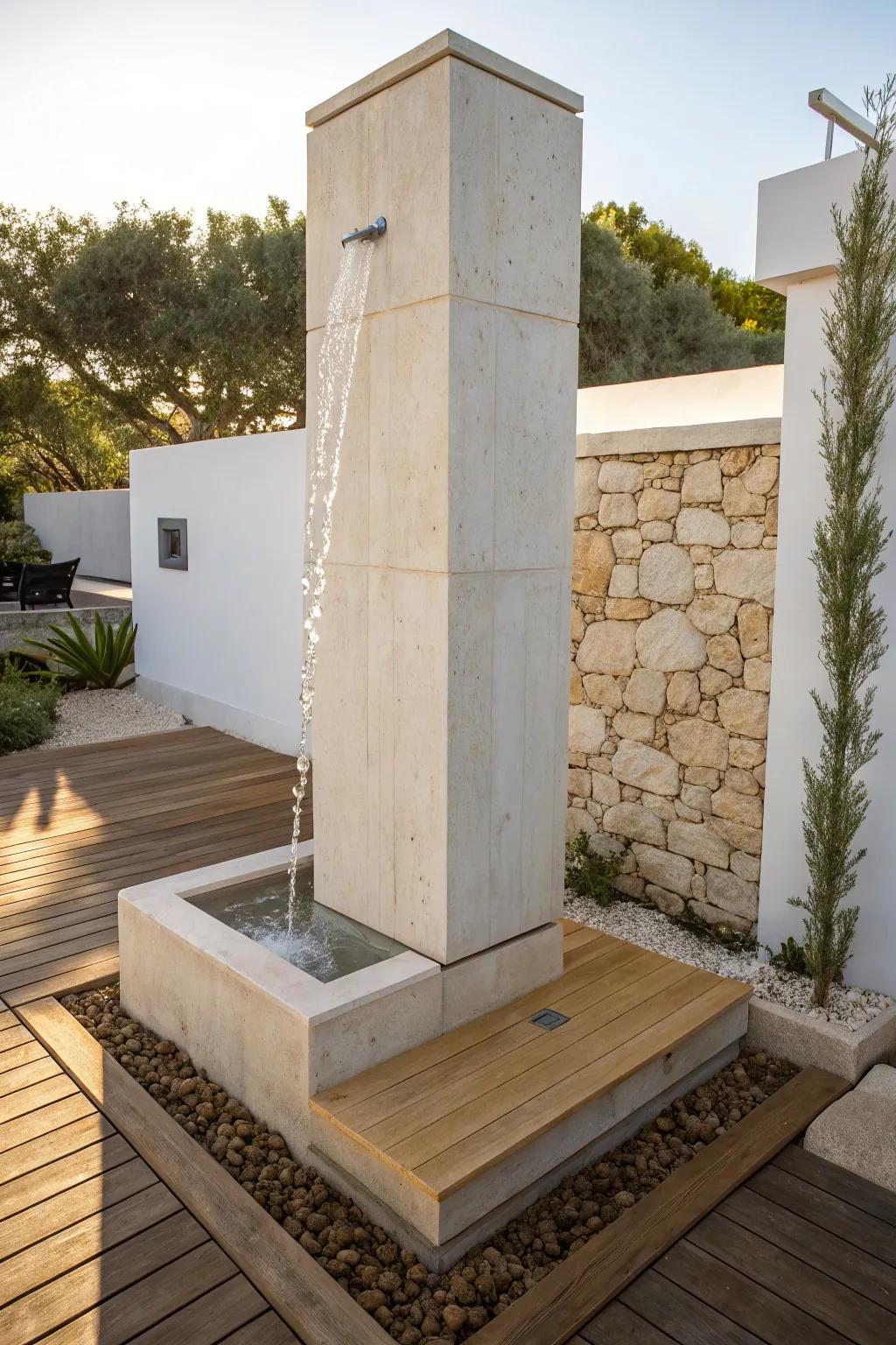 A sleek corner column fountain that fills the space with calm—minimal lines, maximum impact.