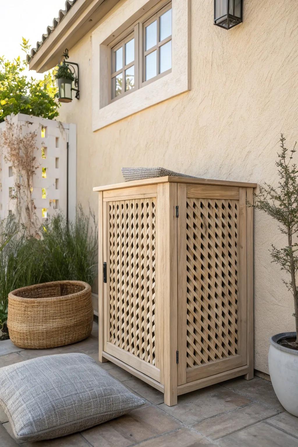 Airy lattice panels hide bins beautifully—fresh, minimalist patio storage with natural warmth.