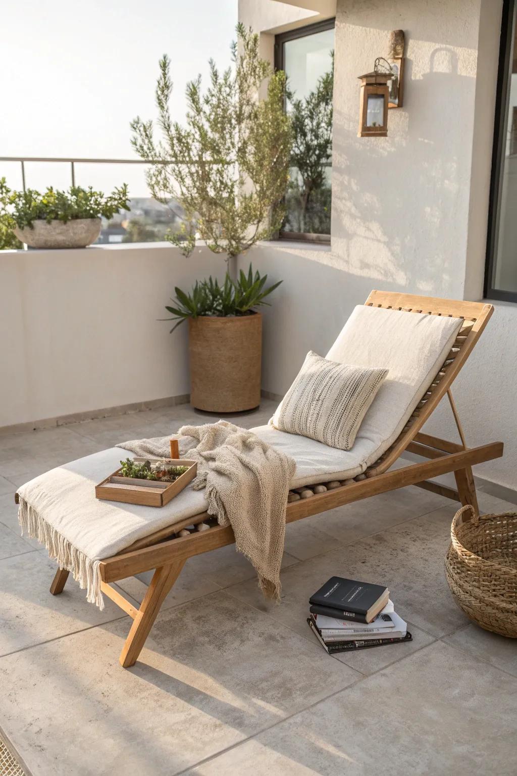 Go full lounge: a slim chaise turns even the smallest balcony into a reading retreat.