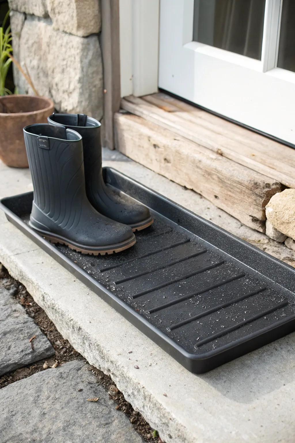 Create a tidy outdoor drop zone: a boot tray on a waterproof mat to trap winter mess.