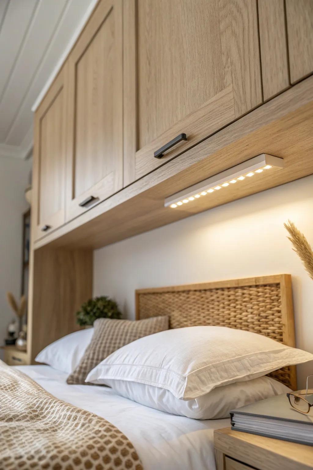 Slim under-cabinet reading light keeps nightstands clear while adding a warm, cozy glow.