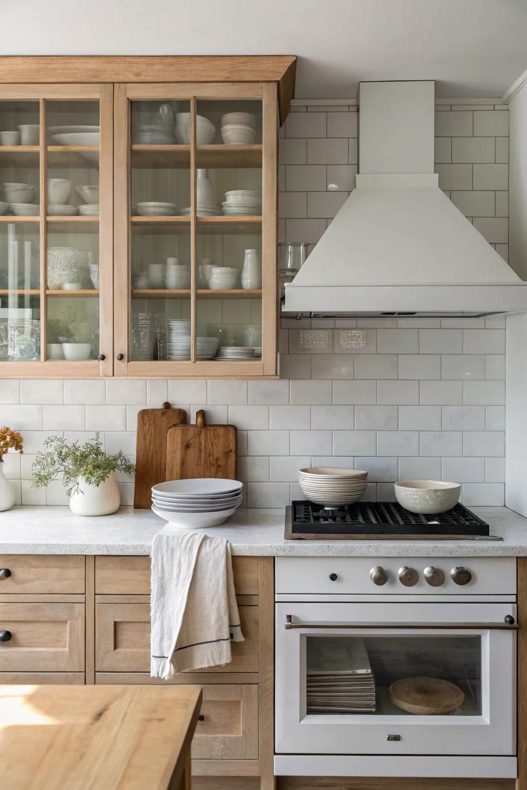 Glass-front over-the-stove cabinet: display your prettiest dishes and keep it effortlessly tidy.