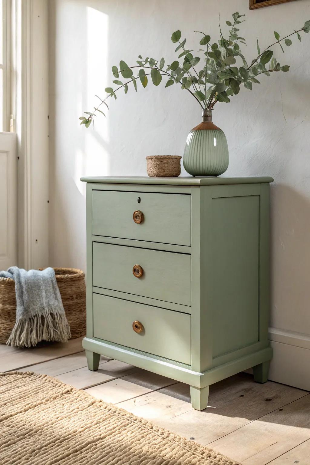 Warm sage chest of drawers: a soft pop of color that still feels calm and airy.