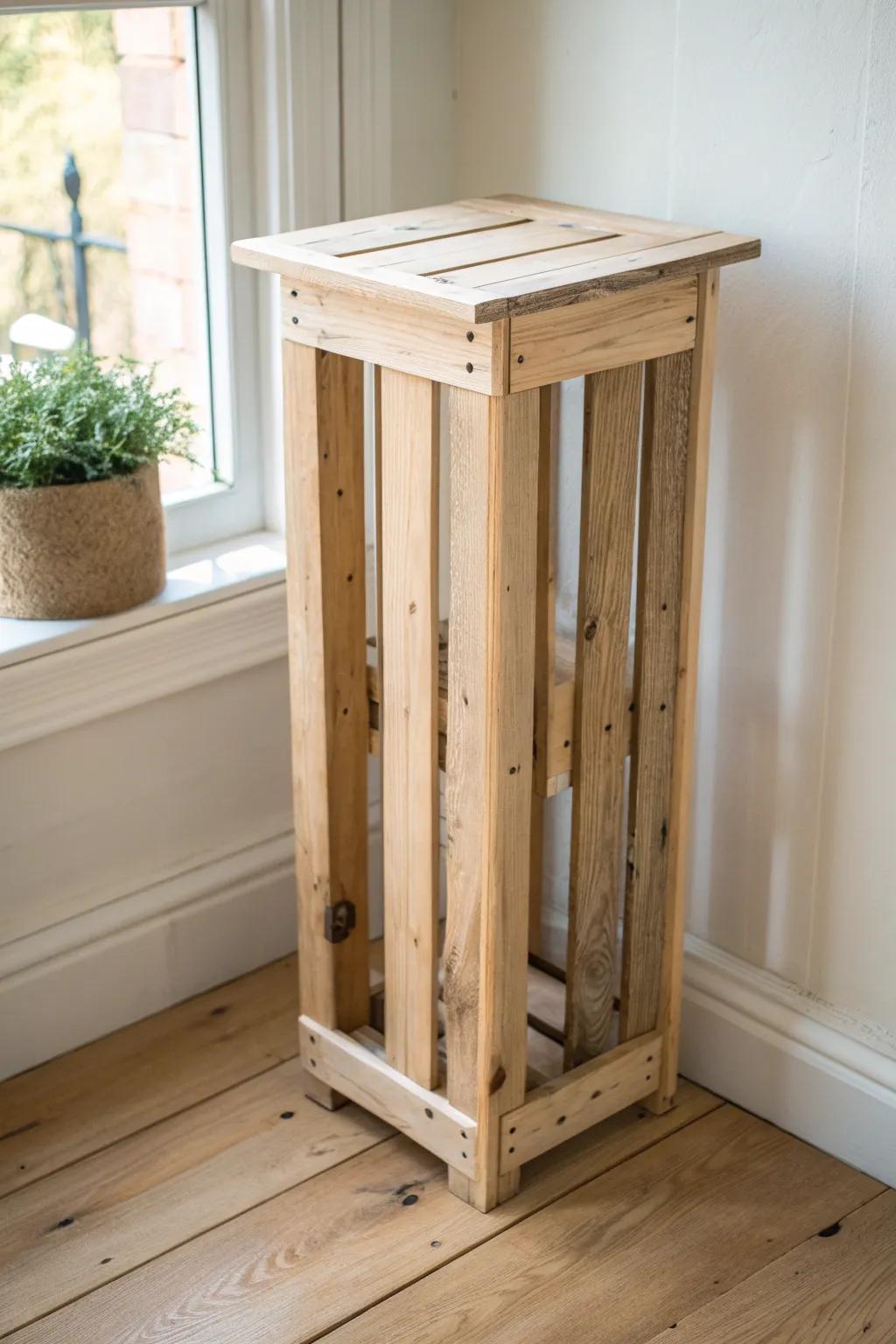 Tall, narrow pallet side table—perfect for tight corners and small-space living.